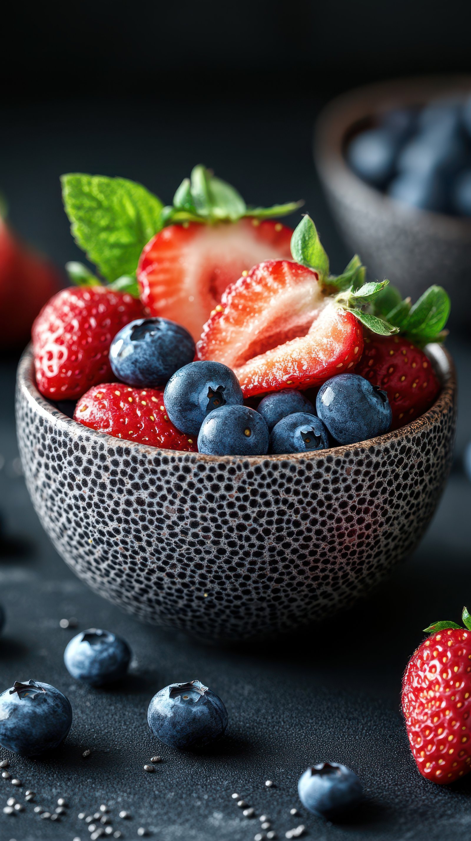 Freshly prepared bowl of strawberries and blueberries garnished with mint leaves ready for a healthy snack